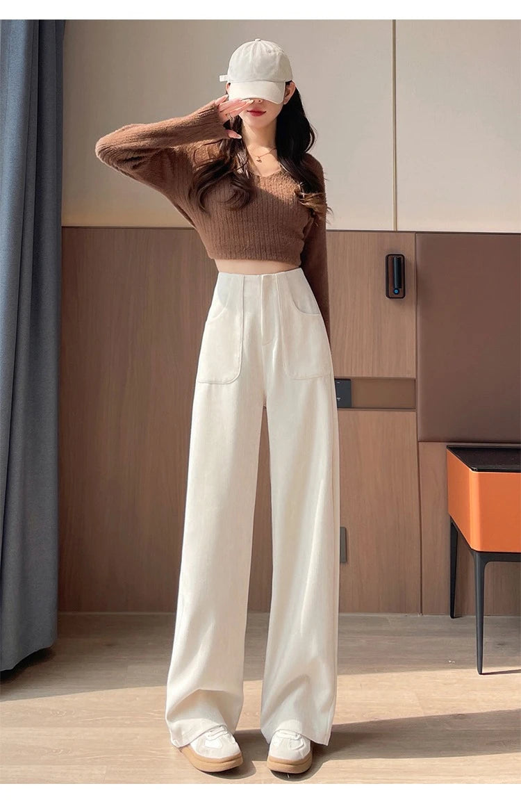 Korean Style High Waist Corduroy Wide Leg Trousers - Women's Vintage Casual Pants with Pockets
