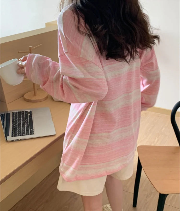 Korean Style Vintage Striped Long Sleeve T-Shirt - Women's Loose Fit Top