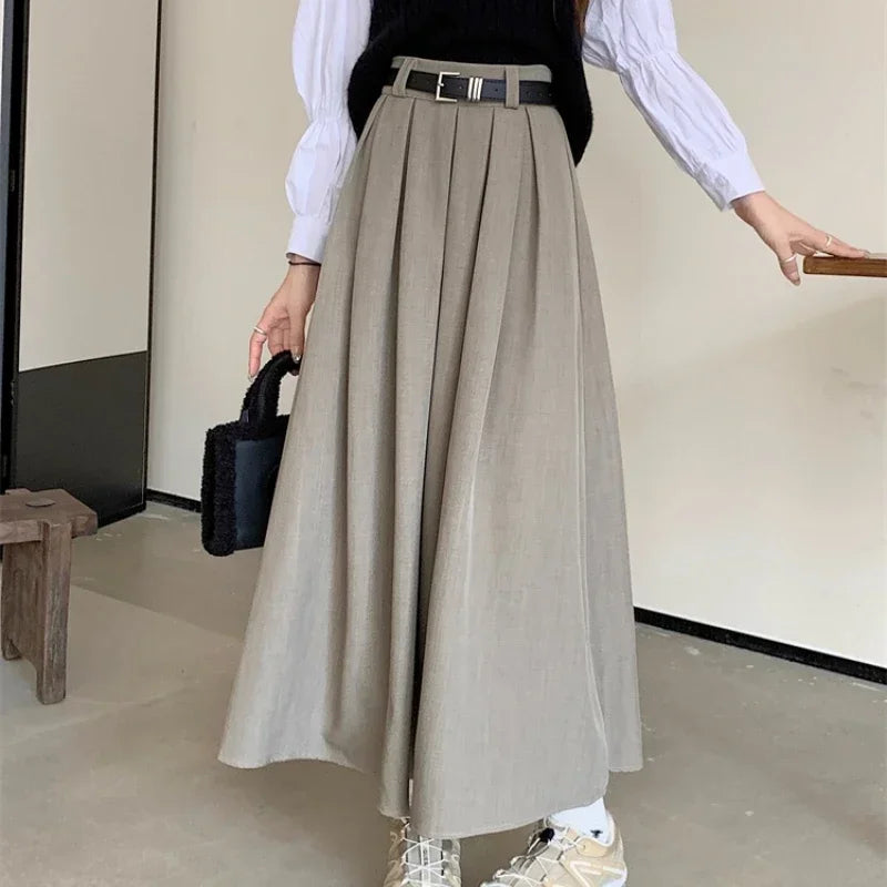 Korean Style Pleated Midi Skirt - A-Line High Waist Swing Skirt for Women