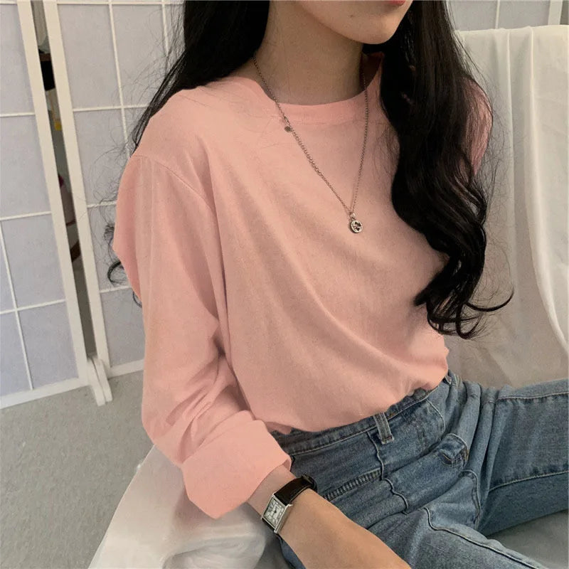 Korean Style Long Sleeve T-Shirt - Women's Loose Fit Basic Top